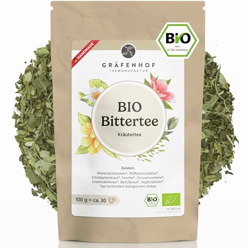 Bittertee Bio loser Kräutertee mit Bitterstoffe, 500g, natürliche Bitterkräuter Lebertee mit Mariendistel, Löwenzahn, Beifuß, Alternative Bittertropfen, Kapseln, Tabletten von Gräfenhof