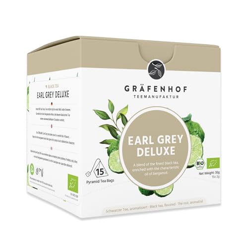 Gräfenhof Earl Grey Tee | mit Assam, Ceylon und Darjeeling | mit Bergamottenstücken & Öl | Blatttee | Koffeinhaltig | 15x2,5g Pyramidenbeutel | 100% BIO | kompostierbare Beutel von Gräfenhof