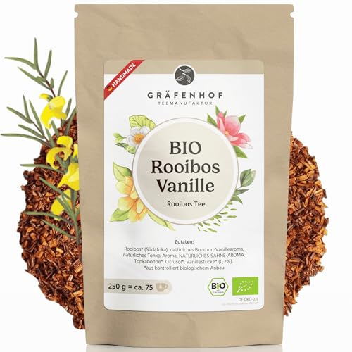 Rooibos Vanille Bio Tee, 250g cremig süß, loser mit echten Vanilleschoten, zu 100% rein und geprüft, aus kontrolliert biologischem Anbau, ohne Koffein, Premium Gräfenhof Tee von Gräfenhof