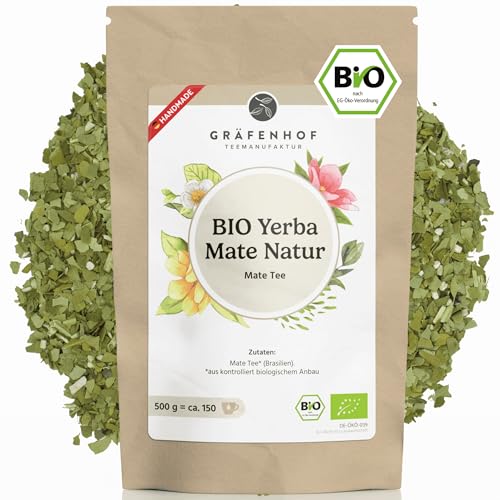 Yerba Mate Tee Bio, Das Original, 500g loser Matetee, hoher Koffeingehalt, ungeröstet, luftgetrocknet, im Labor analysiert, Mateblätter in Deutschland abgefüllt, Gräfenhof Premium Qualität Yerba Mate Tee Bio, Das Original, 500g loser Matetee, hoher Koffeingehalt, ungeröstet, luftgetrocknet, im Labor analysiert, Mateblätter in Deutschland abgefüllt, Gräfenhof Premium Qualität von Gräfenhof