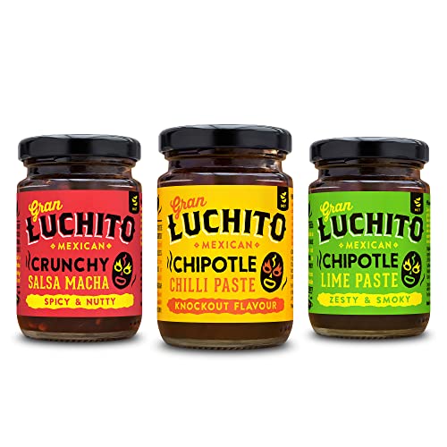 Gran Luchito Mexikanische Chili-Geschenkset – Box mit drei Gläsern – Chipotle-Paste, Salsa Macha und Chipotle Limette von Gran Luchito