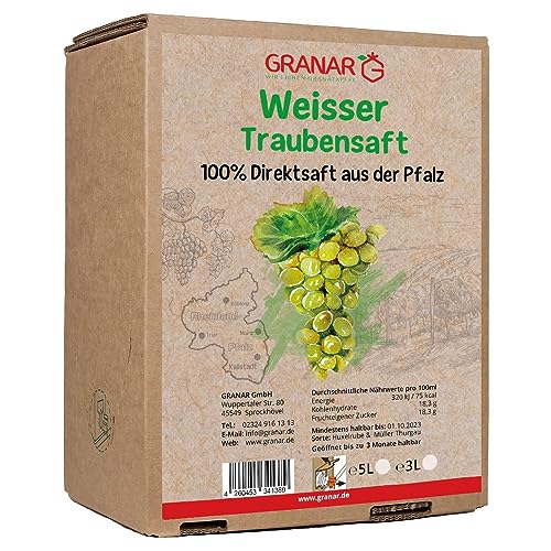 Trauben Direktsaft weiß aus der Pfalz, 100% weißer Traubensaft, vegan und ohne Zusätze - 2 x 5 Liter Box Trauben Direktsaft weiß aus der Pfalz, 100% weißer Traubensaft, vegan und ohne Zusätze - 2 x 5 Liter Box von Granar