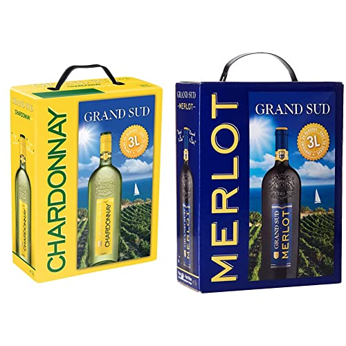 Grand Sud - Chardonnay - Sortentypischer Trocken Weißwein - Großpackungen Wein Bag in Box 3l & - Merlot aus Süd-Frankreich - Sortentypischer Trocken Rotwein - Großpackungen Wein Bag in Box 3l von Grand Sud