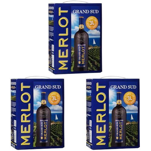 Grand Sud - Merlot aus Süd-Frankreich - Sortentypischer Trocken Rotwein - Großpackungen Wein Bag in Box 3l (1 x 3 L) (Packung mit 3) von Grand Sud