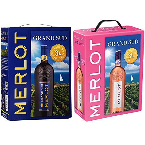 Grand Sud - Merlot aus Süd-Frankreich - Sortentypischer Trocken Rotwein - Großpackungen Wein Bag in Box 3l & - Merlot Rosé aus Süd-Frankreich - Sortentypischer Trocken Roséwein - in Box 3l von Grand Sud