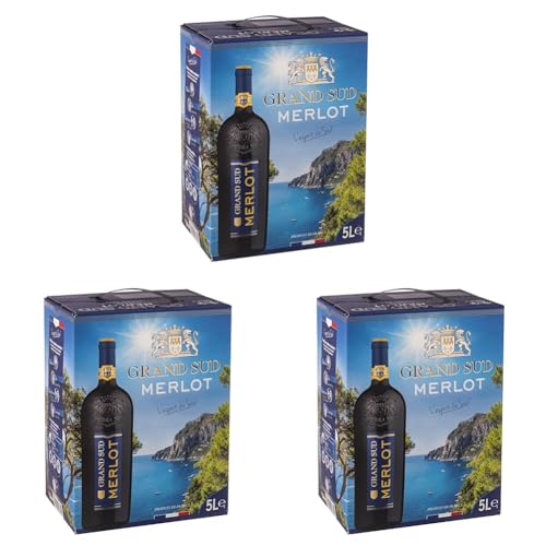 Grand Sud - Merlot aus Süd-Frankreich - Sortentypischer Trocken Rotwein - Großpackungen Wein Bag in Box 5l (1 x 5 L) (Packung mit 3) von Grand Sud