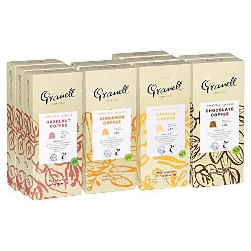 Granell Cafes-1940 Granell - Aroma Pack Espressokapseln | Espresso Kaffee 3x10 Haselnuss, 3x10 Vanille, 2x10 Schokolade, 2x10 Zimt - 100 Kaffeekapseln - 980 g von Granell Cafes-1940