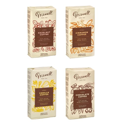Granell Cafes-1940 Granell - Tasting Pack Aroma | 100% Arabica Kaffee Gemahlen - Gemahlener Kaffe mit Vanille, Zimt, Schokolade oder Haselnuss - 4x250 g Granell Cafes-1940 Granell - Tasting Pack Aroma | 100% Arabica Kaffee Gemahlen - Gemahlener Kaffe mit Vanille, Zimt, Schokolade oder Haselnuss - 4x250 g von Granell Cafes-1940