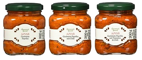 Granny's Secret Ajvar, drei Geschmackssorten: gröstete Paprika, gröstetet Paprika mit Chili, geröstete Paprika mit Tomaten und Chili, 3er Pack ( 3x200g) von Granny's Secret