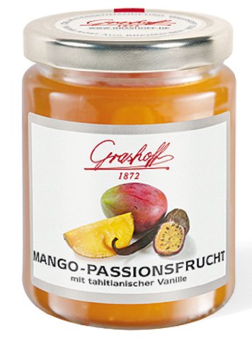 Grashoff Mangokonfitüre Extra mit Passionsfruchtsaft mit echter Tahitivanille (0,04%), 250 g, 3er Pack (3 x 250 g) von Grashoff