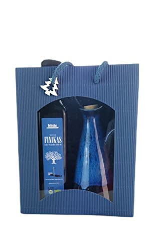 Geschenk Tasche 250ml BIO Olivenöl von Kreta + Keramik Kanne blau schwarz handgemacht Set Mitbringsel Griechenland von Greek