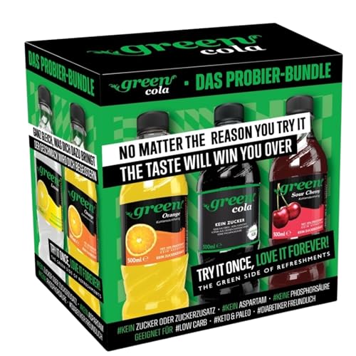Green Limited Edition Probierpaket – 6x500ml PET – Zuckerfrei, Ohne Aspartam – Cola, Orange, Sour Cherry, Passion Fruit, Lemon, Lemon Lime – Das Zero Sugar Testpaket von Green Cola