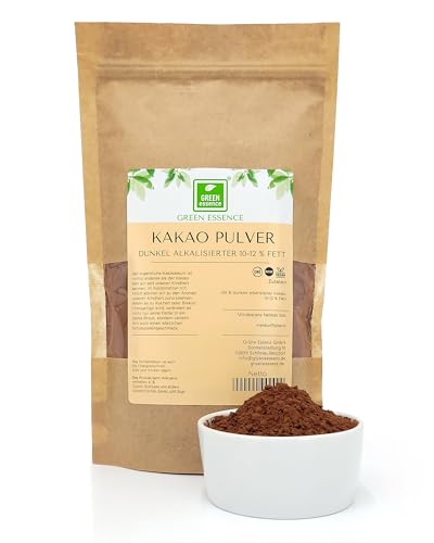 Alkalisierter dunkler Kakao Pulver von der Grünen Essenz - Kakaopulver 10-12% Fett Feinstem Aroma ideal für Getränke Backwaren ohne Zusätze (250 Gramm) von Green Essence