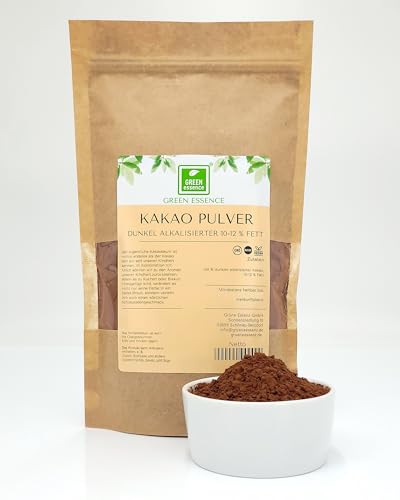 Alkalisierter dunkler Kakao Pulver von der Grünen Essenz - Kakaopulver 10-12% Fett Feinstem Aroma ideal für Getränke Backwaren ohne Zusätze (250 Gramm) von Green Essence