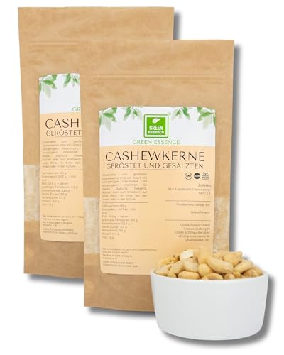 Cashewkerne geröstet und gesalzen 500g (2 * 250g) von der Grünen Essenz - Knusprig geröstete Cashewnüsse als leckerer salziger Snack - Vegan Cashews mit Salz - Natürlicher Keto-Snack (500 Gramm) von Green Essence