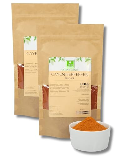 Cayenne Pfeffer gemahlen 500g (2 * 250g) von der Grünen Essenz - Cayennepfeffer Pulver 100% natürlich scharf Cayenne Chili Pfeffer - Pulver ohne Zusätze - scharfes Gewürz (500 Gramm) von Green Essence