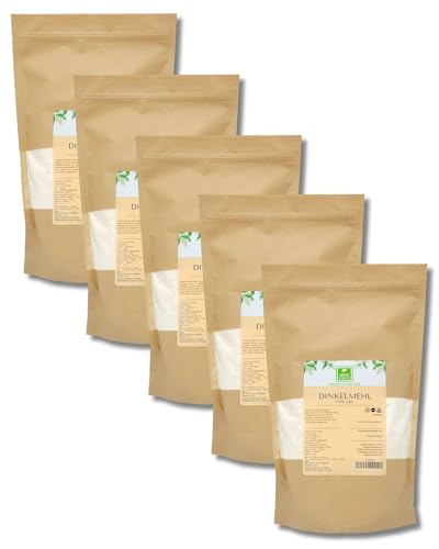 Dinkelmehl 5 kg (5 * 1kg) von der Grünen Essenz - hochwertiges Mehl Type 630 - zum Backen für Kuchen oder Pizza - Bäckerqualität - Weißes Dinkelmehl (5 Kg) von Green Essence