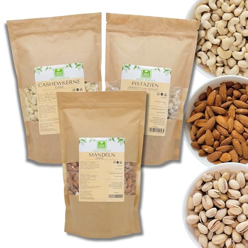 Edelnussmischung - Nuss Set Mandeln 500g + Pistazien geröstet und gesalzen 500g + Cashewkerne ganz 500g - große Nussmischung zum Knabbern und Knuspern - Keto Snack mischung Edelnussmischung - Nuss Set Mandeln 500g + Pistazien geröstet und gesalzen 500g + Cashewkerne ganz 500g - große Nussmischung zum Knabbern und Knuspern - Keto Snack mischung von Green Essence