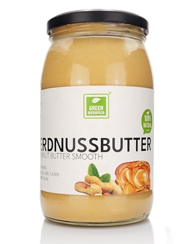 Erdnusspaste ohne Zuckerzusatz von der Grünen Essenz - Erdnussbutter Edrnussmus Fein 100% geröstete Erdnüsse Cremige Erdnussbutter im Glasgefäß KETO Peanutbutter Creamy (900 ml) von Green Essence