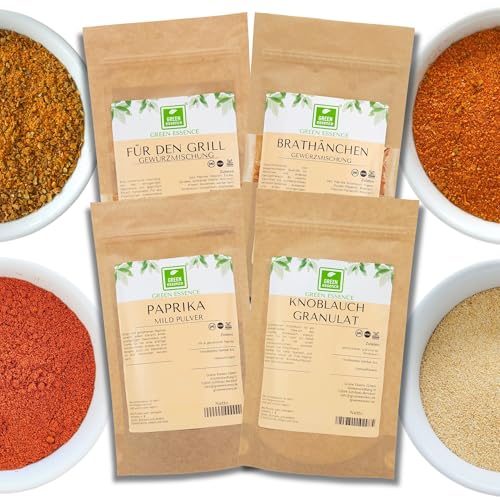Fleischgewürz-Mischung 4 Verschiedene Gewürze für Fleisch, BBQ, Grill und Marinaden - 4er Gewürmischungen von der Grünen Essenz - Brathähnchen Gewürz - Paprika - Knoblauch - Grill Gewürz Fleischgewürz-Mischung 4 Verschiedene Gewürze für Fleisch, BBQ, Grill und Marinaden - 4er Gewürmischungen von der Grünen Essenz - Brathähnchen Gewürz - Paprika - Knoblauch - Grill Gewürz von Green Essence