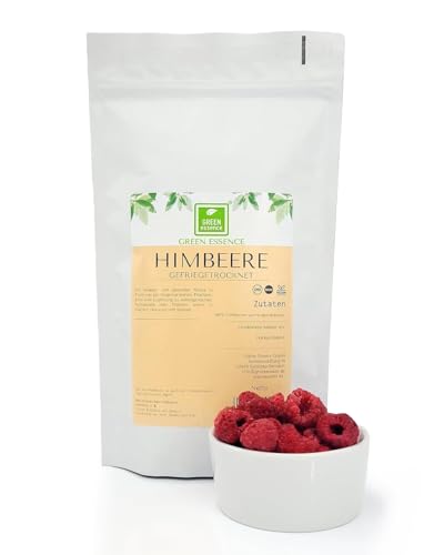 Gefriergetrocknete ganze Himbeeren 100g von der Grünen Essenz - 95% ganze Frucht - getrocknete Himbeeren - gefriergetrocknete Früchte - hochwertiger Snack aus ganzen Früchten (100 Gramm) von Green Essence