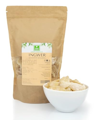 Ingwer 1000 g - kandierte Scheiben von der Grünen Essenz - kandierte Früchte - hochwertige Ingwer Scheiben für Tee und Desserts - Trockenfrüchte Snack von Green Essence