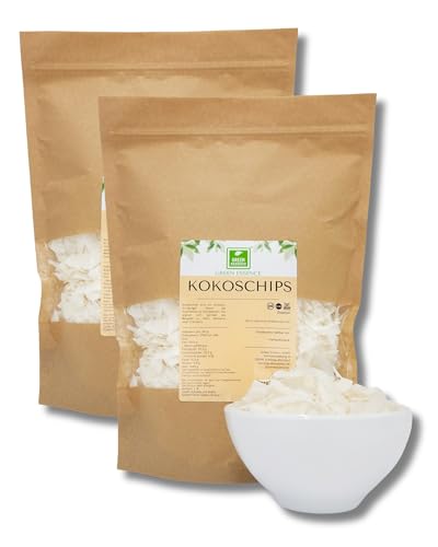 Kokos Chips 1 Kg (2 * 500g) von der Grünen Essenz - Fertigsnack in Scheiben - ungesüßt - Kokosnusschips - ohne Konservierungsstoffe oder GVO - KETO Kokosflocken - 100% Kokosnuss-Chips (1000 G) von Green Essence