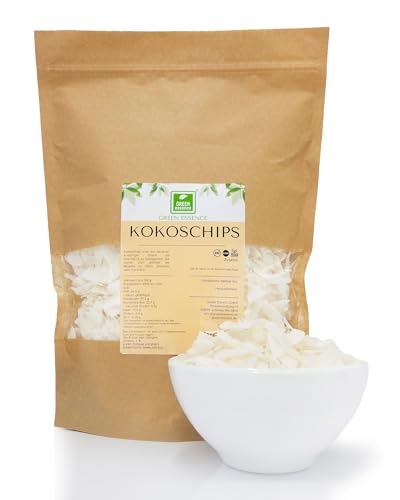 Kokos Chips 500g von der Grünen Essenz - Fertigsnack in Scheiben - ungesüßt - Kokosnusschips - ohne Konservierungsstoffe oder GVO - KETO Kokosflocken - 100% natürliche Kokosnuss-Chips von Green Essence