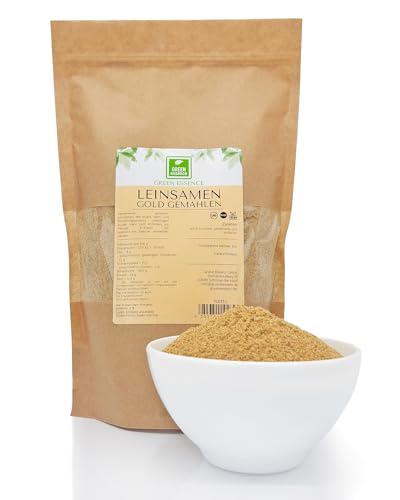 Leinsamen Gold gemahlen 1kg von der Grünen Essenz Geschrotete Leinsamen Gold ohne Zusätze - Leinsaat ideal zum Backen Goldleinsamen naturbelassen Rohkostqualität - vegan (1 Kg) von Green Essence