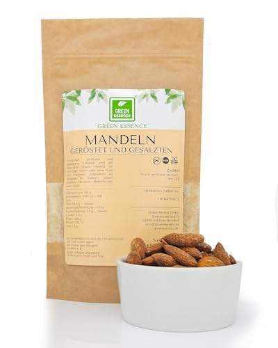 Mandeln geröstet und gesalzen 250 g von der Grünen Essenz - Gebrannte Mandeln mit Salz als Keto Snack - Gesalzene knusprige Mandelkerne - Keto - veganer Snack (250 Gramm) von Green Essence