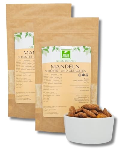 Mandeln geröstet und gesalzen 500g (2 * 250g) von der Grünen Essenz - Gebrannte Mandeln mit Salz als Keto Snack - Gesalzene knusprige Mandelkerne - Keto - veganer Snack (500 Gramm) von Green Essence