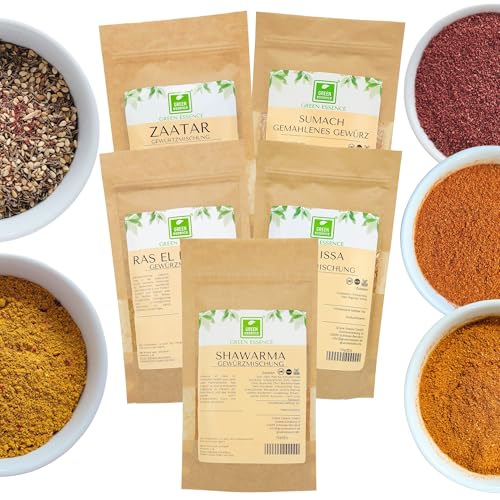 Marokkanisches und Arabisches Gewürzset von der Grünen Essenz 5er Pack - Ras El Hanout - Shawarma - Zatar - Sumach - Harissa - natürlichen Gewürzmischungen für orientalische Gerichte Marokkanisches und Arabisches Gewürzset von der Grünen Essenz 5er Pack - Ras El Hanout - Shawarma - Zatar - Sumach - Harissa - natürlichen Gewürzmischungen für orientalische Gerichte von Green Essence