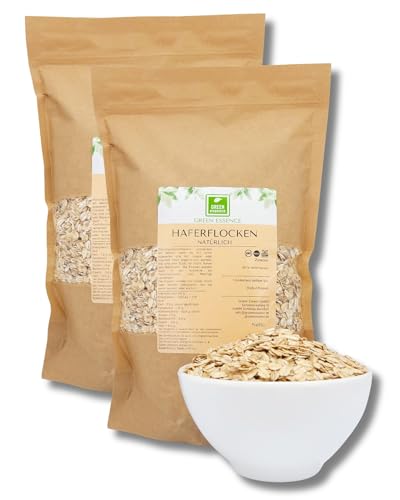 Natürliche Haferflocken von der Grüne Essenz Haferflocken ohne Zusatzstoffe Kernig ideal für Müsli und Porridge für Hafermilch Haferbreie - zuckerfreie Haferflocken Großpackung (2 Kg) von Green Essence