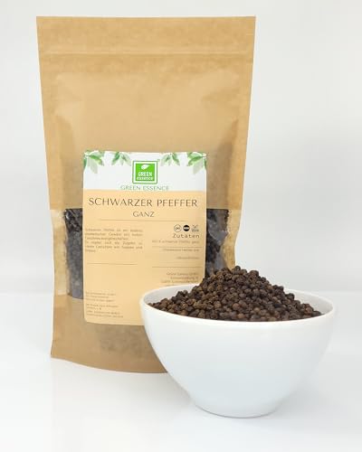 Pfeffer schwarz ganze Körner 250g von der Grünen Essenz - Würze für Suppen und Fleischgerichte - Pfefferkörner für die Mühle - 100% schwarze Pfefferkörner - vegan (250 Gramm) von Green Essence