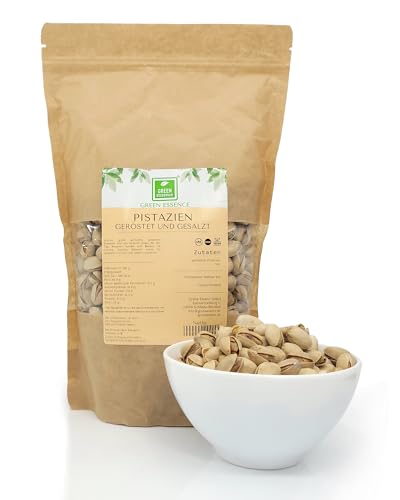 Pistazien geröstet und gesalzen 500g von der Grünen Essenz Pistazien mit Schale - sorgfältig ausgewählt und knusprig - vegan und vegetarisch - knackige Snack Delikatesse - Premium-Qualität von Green Essence