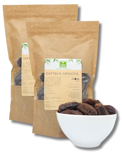 Premium Jumbo Medjoul Datteln 1000g (2 * 500g) von der Grünen Essenz - Soft Medjool Datteln ohne Zucker - große Frische Mejdool-Datteln als weicher und süßer Snack - (1000 Gramm) von Green Essence