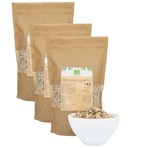 Roggenflocken Vollkorn von der Grünen Essenz - Roggenkörner zum Brotbacken – Roggenvollkornflocken für Müsli Haferbrei und Brot (1 kg) von Green Essence