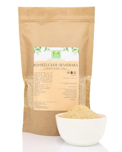 Rohrzucker braun Demerara 1kg von der Grünen Essenz - Rohrzucker Pulver unraffiniert – Rohrohrzucker - brauner Vollrohrzucker - Light Brown Sugar von Green Essence