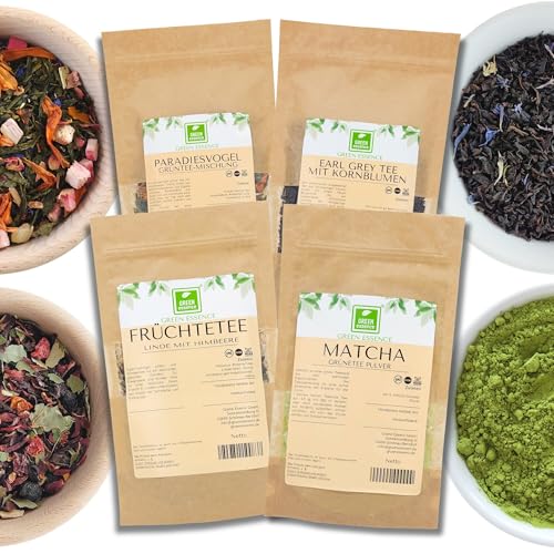 Verschiedene Teesorten MEGASET von der Grünen Essenz |4 leckere Tee-Sorten| Earl Grey Tee | Früchtetee | Matcha Pulver | Aromatischer Sencha-Grüntee im 4er Pack - verschiedene Lose Tee Sorten Verschiedene Teesorten MEGASET von der Grünen Essenz |4 leckere Tee-Sorten| Earl Grey Tee | Früchtetee | Matcha Pulver | Aromatischer Sencha-Grüntee im 4er Pack - verschiedene Lose Tee Sorten von Green Essence