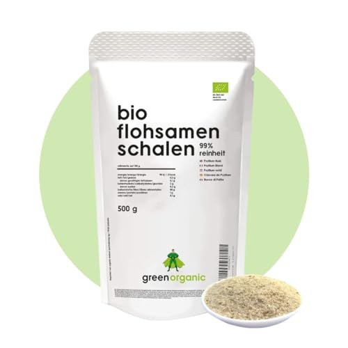 Bio Flohsamenschalen 99% Reinheit - Premium Qualität - laborgeprüft, ballaststoffreich, vegan, lower-Carb, glutenfrei, nachhaltig und fair angebaut, 500g von GreenOrganic