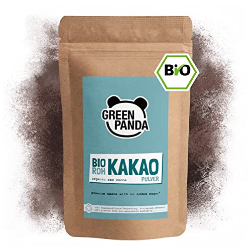 GREEN PANDA® BIO Rohkakao aus Premium Kakaobohnen | Bio Kakaopulver ohne Zucker | Kakao stark entölt für Trinkschokolade, Shakes, Desserts, zum Backen, Raw Cacao Powder | 500g von Green Panda