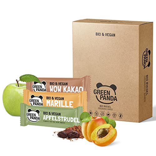 GREEN PANDA® Vegane Fruchtriegel Probierbox | 100% Bio und zuckerfreie Süssigkeiten | Energy Riegel ohne Zucker aus 5 natürlichen Zutaten | Mix Box Apfelstrudel, Marille, Nussriegel Kakao 12 x 30g von Green Panda