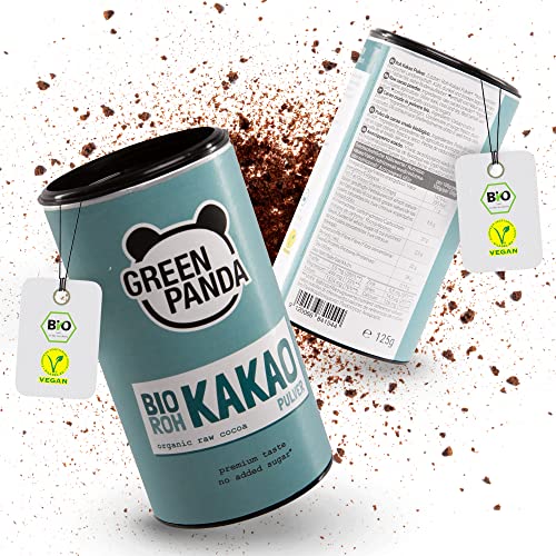 GREEN PANDA® BIO Rohkakao aus Premium Kakaobohnen | Bio Kakaopulver stark entölt und zuckerfrei | Kakao ohne Zucker für Trinkschokolade, Shakes, Desserts, zum Backen oder ins Müsli | 2 x 125g (250g) von Green Panda