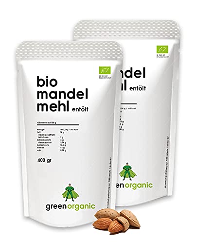 BIO PREMIUM MANDELMEHL 2er– weiß, lower-Carb, glutenfrei, vegan, entölt, proteinreich, ballaststoffreich, Paleo Superfood, nachhaltig und fair angebaut, 800g von GreenOrganic