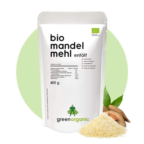 BIO PREMIUM MANDELMEHL – weiß, lower-Carb, glutenfrei, vegan, entölt, proteinreich, ballaststoffreich, Paleo Superfood, nachhaltig und fair angebaut (400g) von GreenOrganic