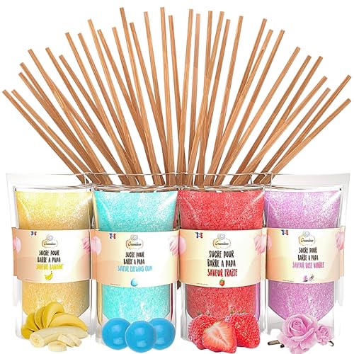 GREENDOSO® Zuckerwatte Zucker für Zuckerwattemaschine (4x320 g) - 4 Sorten (Erdbeere/Kaugummi/Banane/Vanille) + 50 Stäbchen von Greendoso