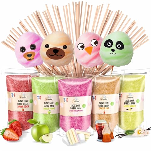 GREENDOSO® Zuckerwatte Zucker für Maschine – Erdbeere, Cola, Apfel, Marshmallow, Vanille (5x160 g) – Natürliche Aromen & Farbstoffe – 20 Stäbchen + 8 Essbare Oblaten-Gesichter von Greendoso