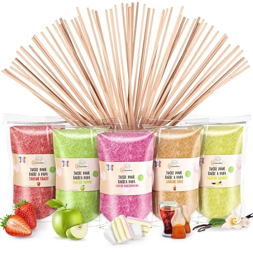 GREENDOSO® Zuckerwatte Zucker für Zuckerwattemaschine (5x350 g) - Natürliche Aromen & Farbstoffe - 5 Sorten (Erdbeere/Cola/Apfel/Marshmallow/Vanille) + 50 Stäbchen + Dosierlöffel - MADE IN FRANCE von Greendoso