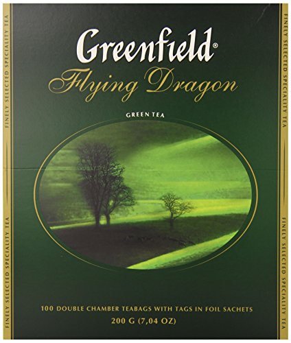 GREENFIELD FLYING DRAGON | 100% Reiner Grüner Tee | NATÜRLICHE REICH AN ANTIOXIDANTEN | Keine Künstlichen Aromen oder Zusatzstoffe | Gluten-frei | Pure Green Tea | 100 Teebeutel | 200g [100 Tassen] von Greenfield