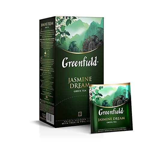 Greenfield Jasmine Dream, Aromatisierter Grüner Tee Mit Jasmin, Green Tea, 25 Doppelkammerbeutel mit Etiketten in einem Folienbeutel (25 x 2 g), 50 g [2 Stück] von Greenfield